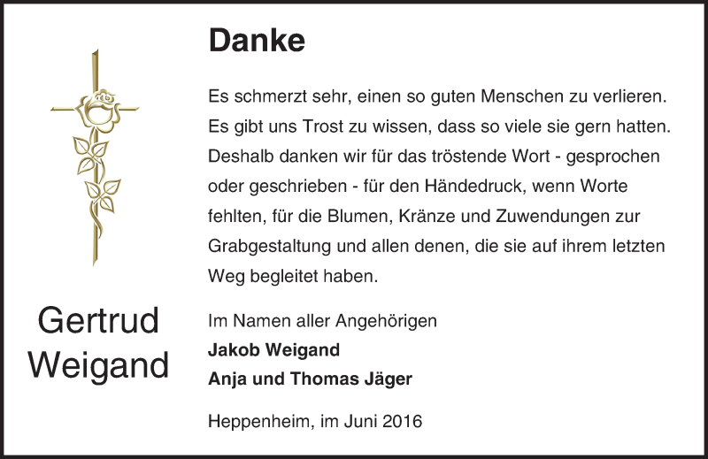  Traueranzeige für Gertrud Weigand vom 30.06.2016 aus Trauerportal Echo Online