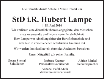 Traueranzeige von Hubert Lampe von Trauerportal Rhein Main Presse