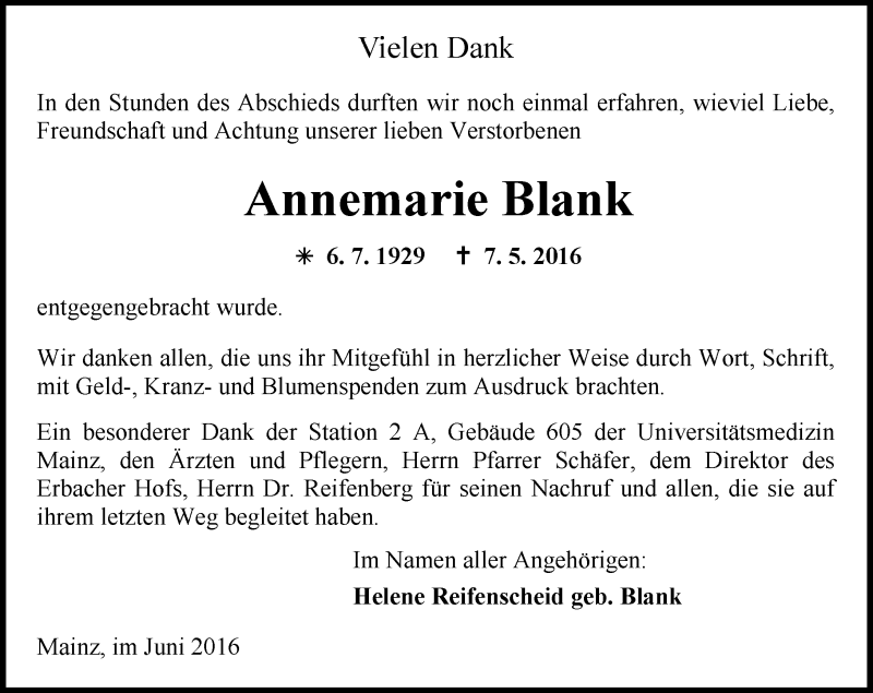  Traueranzeige für Annemarie Blank vom 04.06.2016 aus  Allgemeine Zeitung Mainz