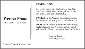 Traueranzeige von Werner Franz von  Gießener Anzeiger
