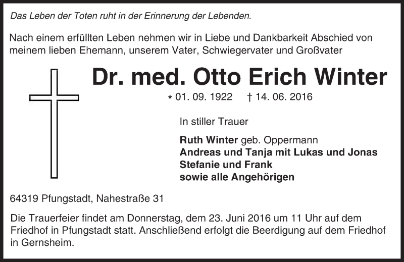  Traueranzeige für Otto Erich Winter vom 18.06.2016 aus Trauerportal Echo Online