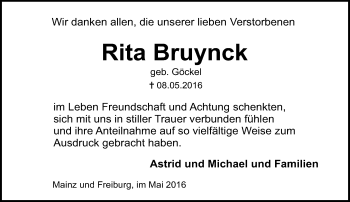 Traueranzeige von Rita Bruynck von  Allgemeine Zeitung Mainz
