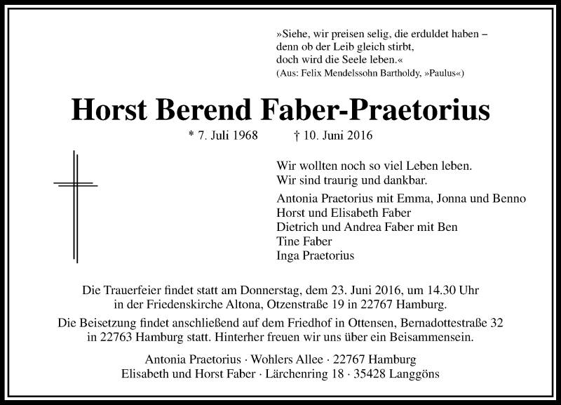  Traueranzeige für Horst Berend Faber-Praetorius vom 17.06.2016 aus  Gießener Anzeiger