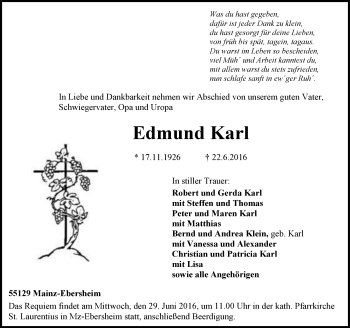 Traueranzeige von Edmund Karl von Trauerportal Rhein Main Presse