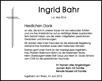 Traueranzeige von Ingrid Bahr von  Allgemeine  Zeitung Ingelheim-Bingen