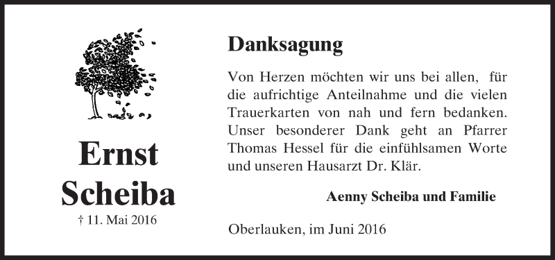  Traueranzeige für Ernst Scheiba vom 11.06.2016 aus  Usinger Anzeiger