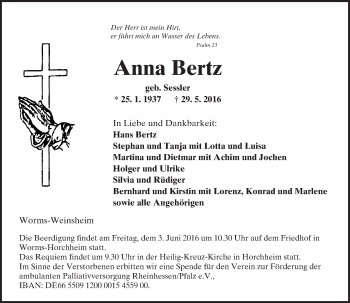 Traueranzeige von Anna Bertz von  Wormser Zeitung