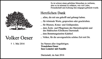Traueranzeige von Volker Oeser von Trauerportal Echo Online
