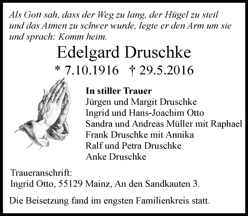  Traueranzeige für Edelgard Druschke vom 11.06.2016 aus  Allgemeine Zeitung Mainz