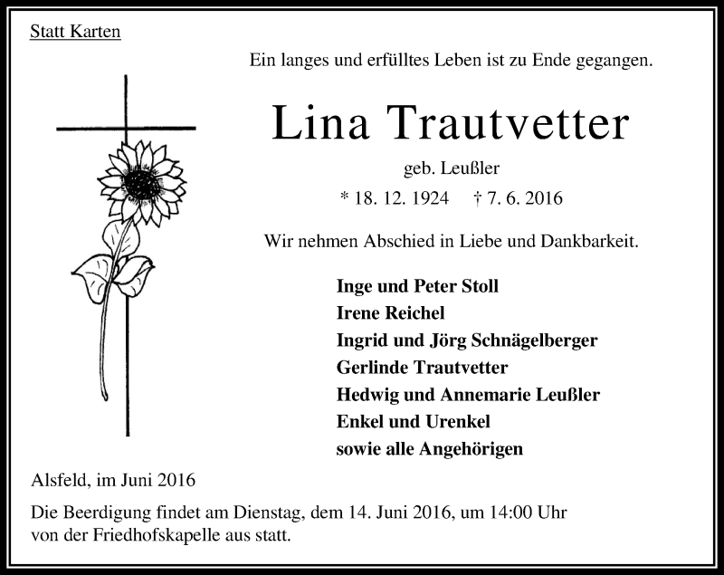  Traueranzeige für Lina Trautvetter vom 11.06.2016 aus VRM Trauer
