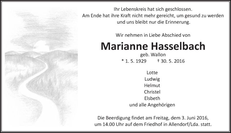  Traueranzeige für Marianne Hasselbach vom 02.06.2016 aus  Gießener Anzeiger