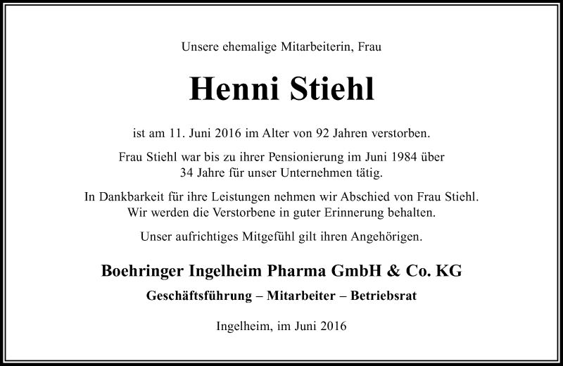  Traueranzeige für Henni Stiehl vom 22.06.2016 aus Trauerportal Rhein Main Presse