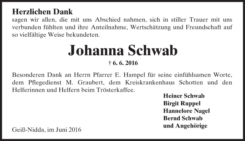  Traueranzeige für Johanna Schwab vom 25.06.2016 aus  Kreisanzeiger