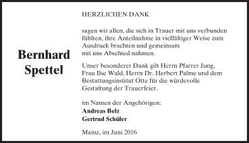 Traueranzeige von Bernhard Spettel von  Allgemeine Zeitung Mainz