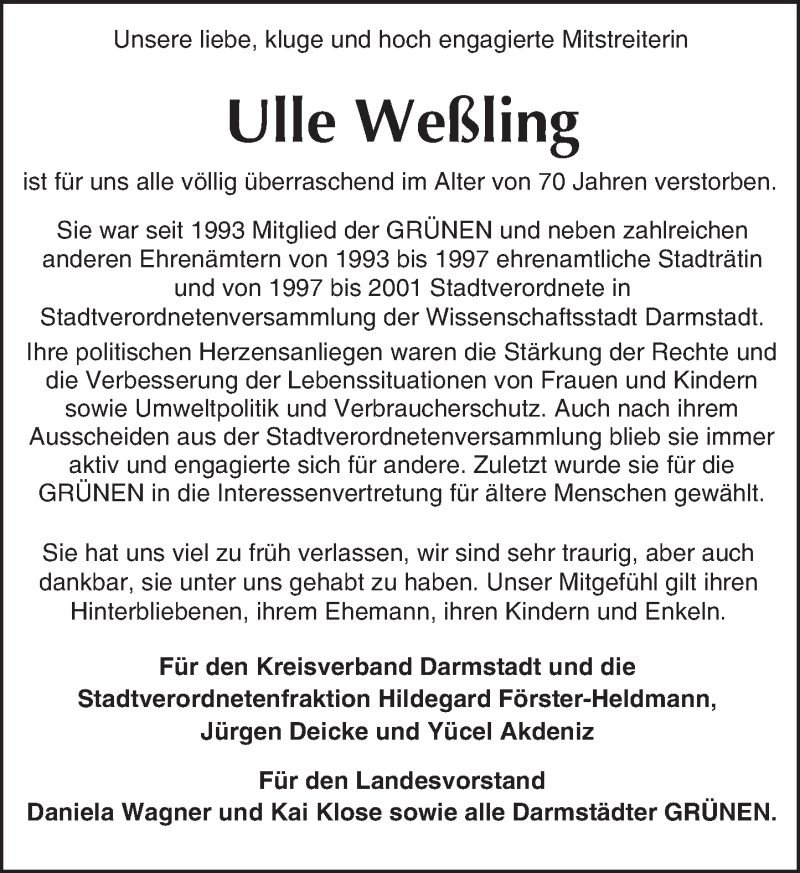  Traueranzeige für Ulle Weßling vom 04.06.2016 aus Trauerportal Echo Online