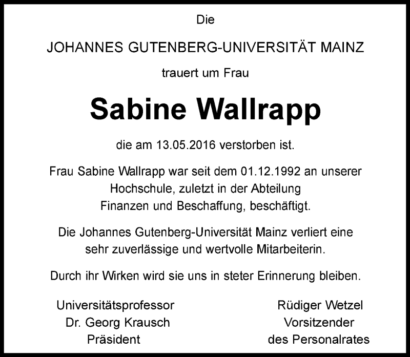  Traueranzeige für Sabine Wallrapp vom 22.06.2016 aus Trauerportal Echo Online
