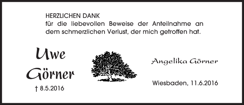  Traueranzeige für Uwe  Görner vom 11.06.2016 aus  Wiesbaden komplett