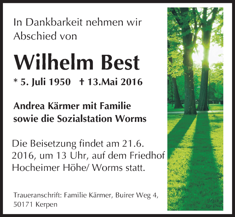  Traueranzeige für Wilhelm Best vom 18.06.2016 aus Trauerportal Rhein Main Presse