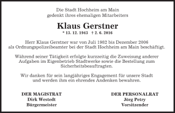 Traueranzeige von Klaus Gerstner von  Hochheimer Zeitung