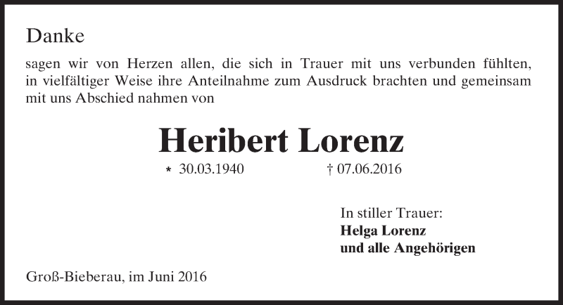  Traueranzeige für Heribert Lorenz vom 25.06.2016 aus Trauerportal Echo Online