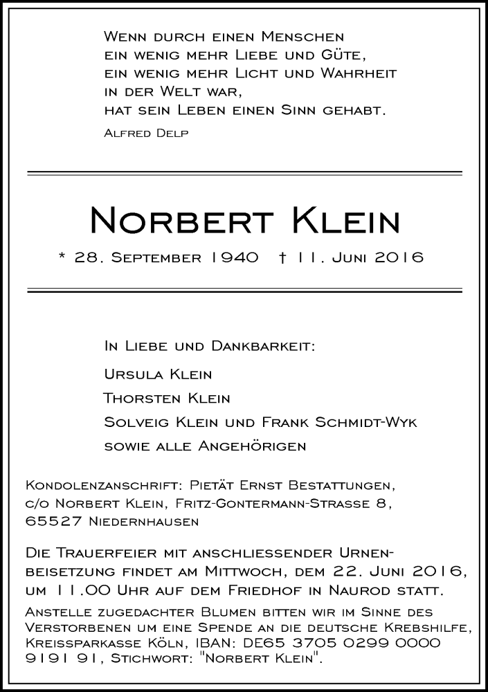  Traueranzeige für Norbert Klein vom 15.06.2016 aus Trauerportal Rhein Main Presse