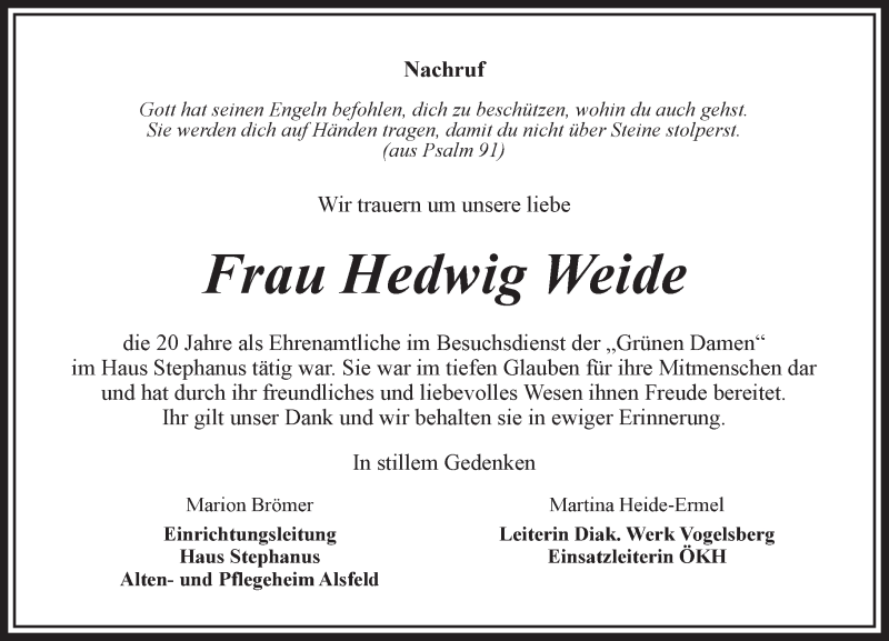  Traueranzeige für Hedwig Weide vom 07.06.2016 aus VRM Trauer