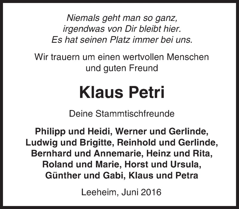  Traueranzeige für Klaus Petri vom 07.06.2016 aus Trauerportal Echo Online