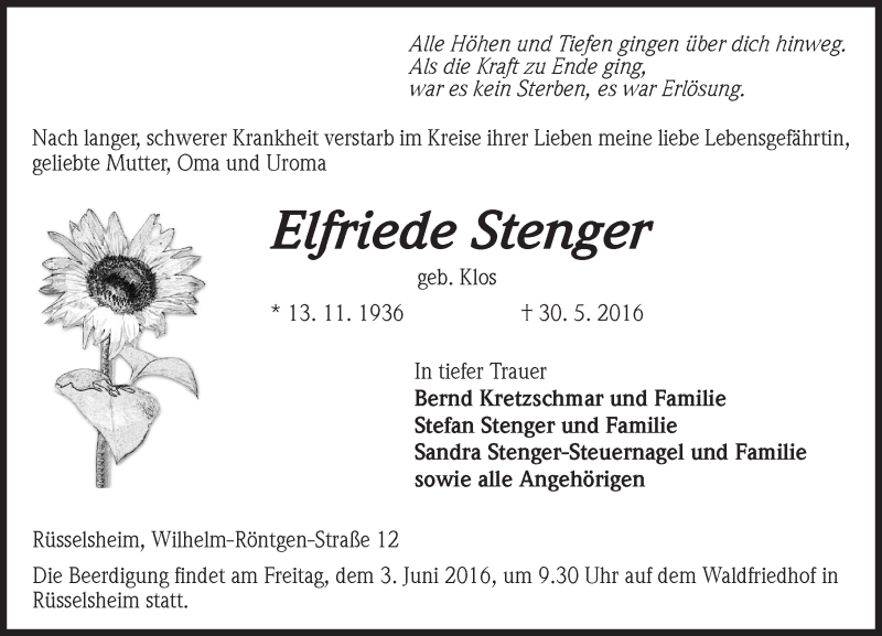  Traueranzeige für Elfriede Stenger vom 01.06.2016 aus  Mainspitze