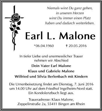 Traueranzeige von Earl L. Malone von  Allgemeine  Zeitung Ingelheim-Bingen