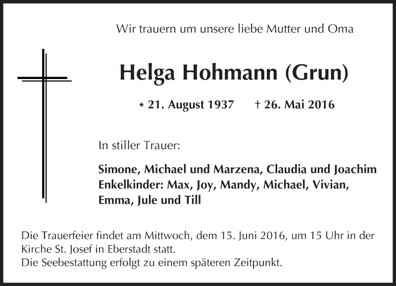  Traueranzeige für Helga Hohmann vom 11.06.2016 aus Trauerportal Echo Online