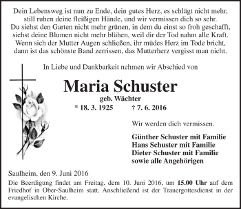 Traueranzeige von Maria Schuster von  Allgemeine Zeitung Alzey