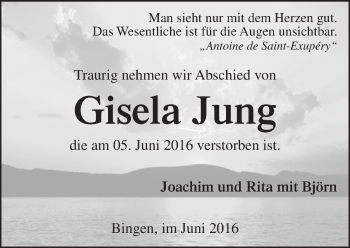 Traueranzeige von Gisela Jung von  Allgemeine  Zeitung Ingelheim-Bingen