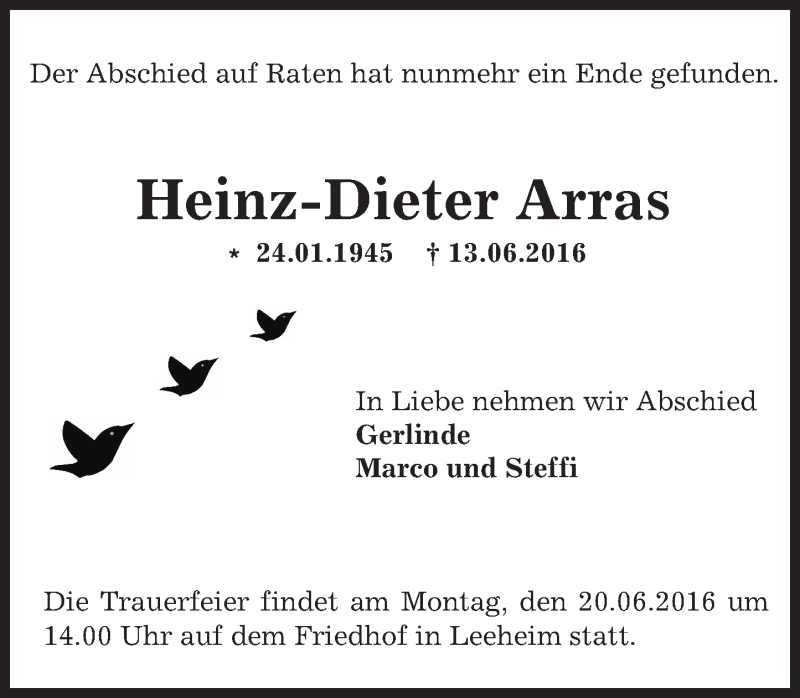 Traueranzeige für Heinz-Dieter Arras vom 18.06.2016 aus Trauerportal Echo Online