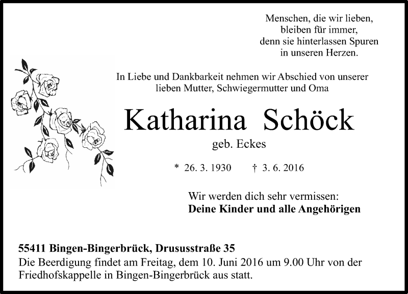  Traueranzeige für Katharina Schöck vom 08.06.2016 aus  Allgemeine  Zeitung Ingelheim-Bingen