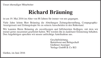 Traueranzeige von Richard Bräuning von  Gießener Anzeiger