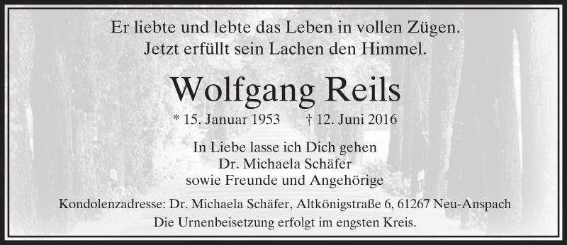  Traueranzeige für Wolfgang Reils vom 21.06.2016 aus  Usinger Anzeiger