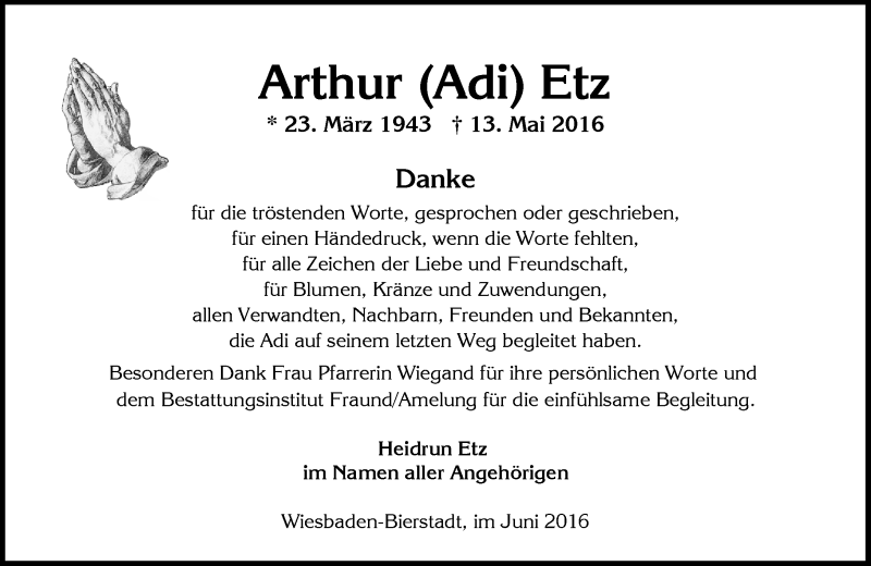  Traueranzeige für Arthur Etz vom 04.06.2016 aus  Wiesbaden komplett