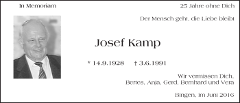 Traueranzeige von Josef Kamp von  Allgemeine  Zeitung Ingelheim-Bingen