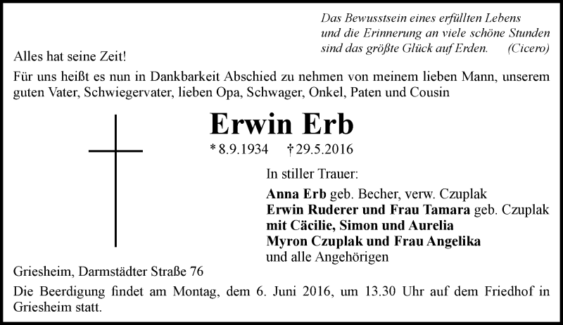  Traueranzeige für Erwin Erb vom 04.06.2016 aus Trauerportal Echo Online
