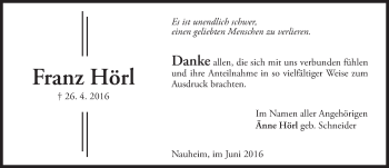 Traueranzeige von Franz Hörl von Trauerportal Echo Online