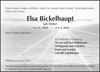 Traueranzeige von Elsa Bickelhaupt von Trauerportal Rhein Main Presse