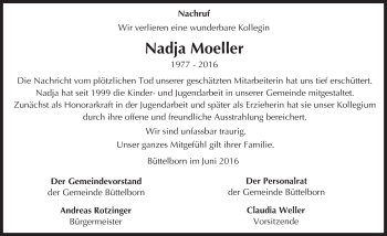 Traueranzeige von Nadja Moeller von Trauerportal Echo Online