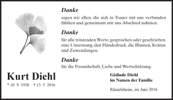 Traueranzeige von Kurt Diehl von  Mainspitze