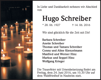Traueranzeige von Hugo Schreiber von Trauerportal Echo Online