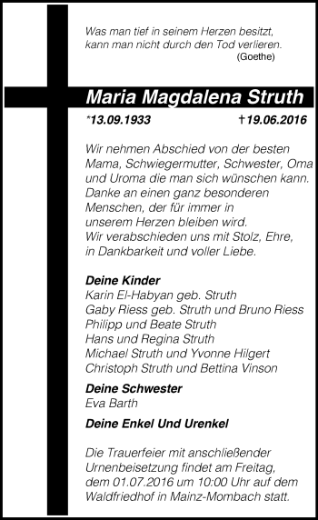 Traueranzeige von Maria Magdalena Struth von Trauerportal Rhein Main Presse