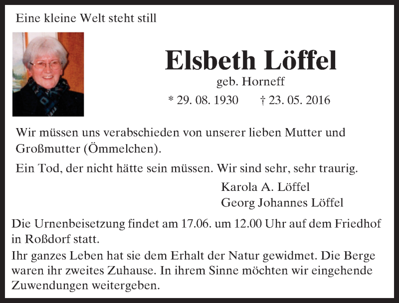  Traueranzeige für Elsbeth Löffel vom 13.06.2016 aus Trauerportal Echo Online