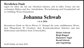 Traueranzeige von Johanna Schwab von  Kreisanzeiger