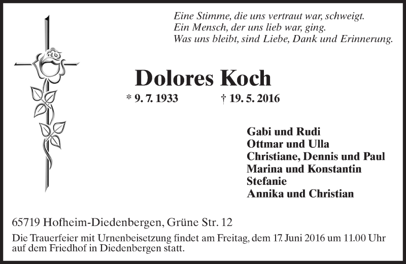  Traueranzeige für Dolores Koch vom 10.06.2016 aus  Hofheimer Zeitung