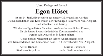 Traueranzeige von Egon Höser von  Usinger Anzeiger