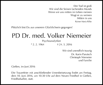 Traueranzeige von Volker Niemeier von  Gießener Anzeiger
